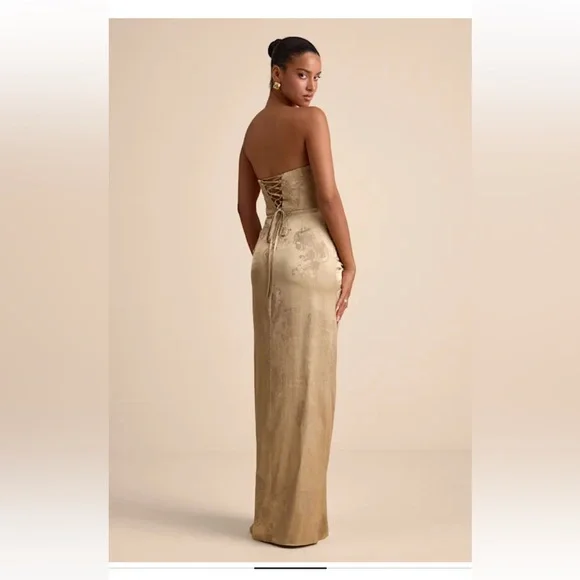 NWOT Lulus Whitney Gold Jacquard Strapless Twist-Front Maxi Dress - Picture 3 of 7